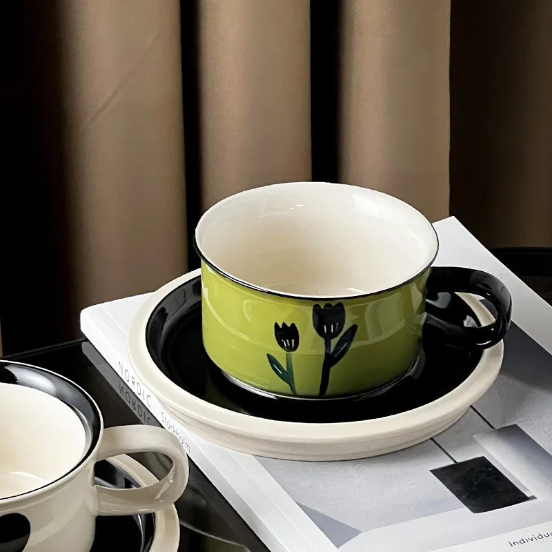 Vintage Ceramic Freehand Painting Flower Cup,European Style Coffee Cup and Saucer Set,Creative Afternoon Camellia Tea Cup