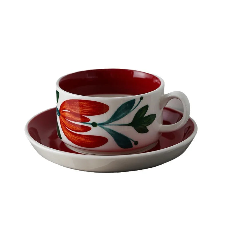 Vintage Red Coffee Cups and Saucers Afternoon Tea Coffee Latte Cup Snacks Cake Dish Ceramic Teacups Breakfast Juice Mug