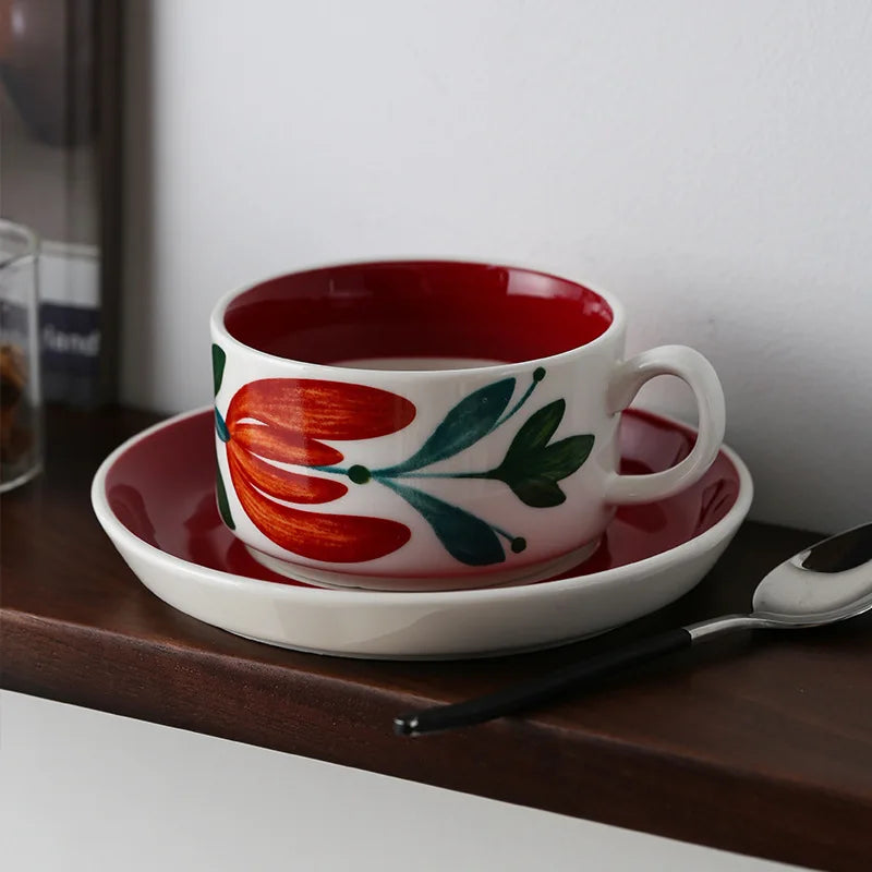 Vintage Red Coffee Cups and Saucers Afternoon Tea Coffee Latte Cup Snacks Cake Dish Ceramic Teacups Breakfast Juice Mug