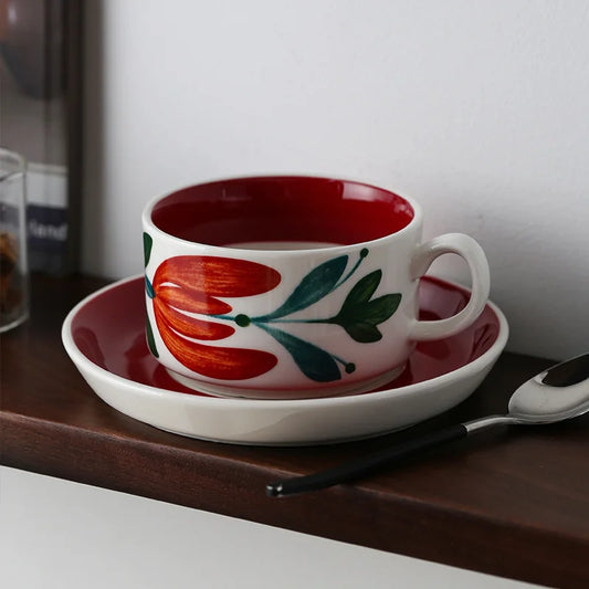 Vintage Red Coffee Cups and Saucers Afternoon Tea Coffee Latte Cup Snacks Cake Dish Ceramic Teacups Breakfast Juice Mug