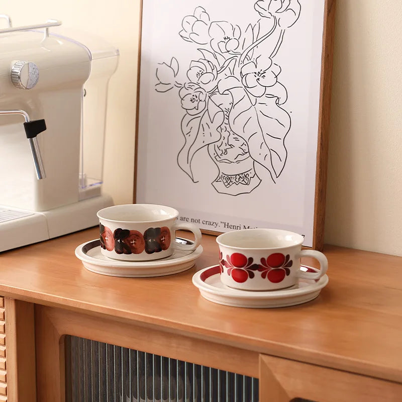 Vintage coffee cups and saucers, hand-painted floral ceramic set, coffee cup latte latte flower