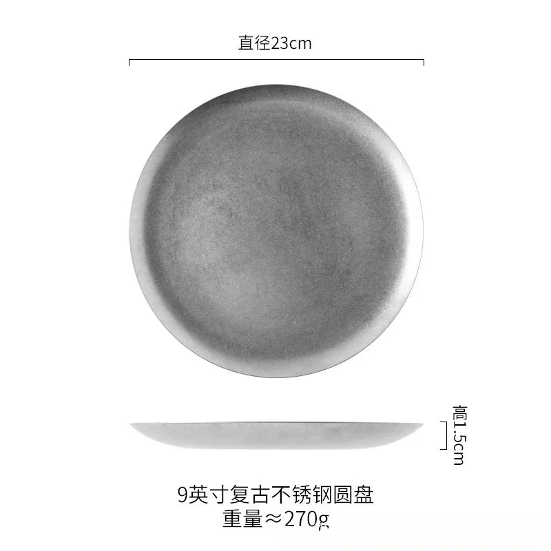 Vintage Industrial Style Metal Dinner Plate Stainless Steel Outdoor Camping Western Food Plates French Restaurant Bone Dish