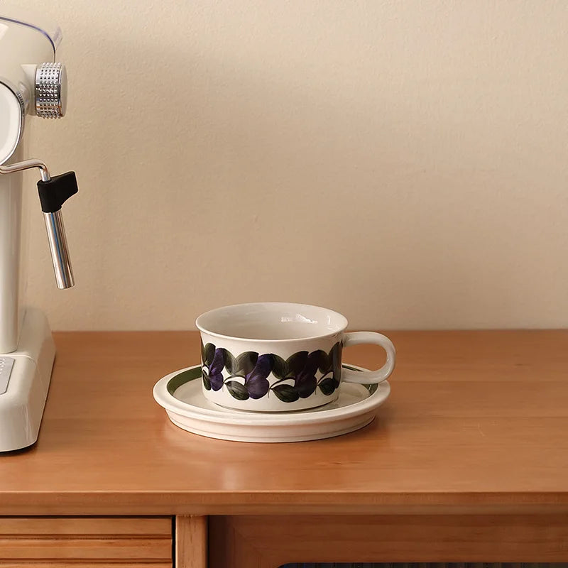 Vintage coffee cups and saucers, hand-painted floral ceramic set, coffee cup latte latte flower