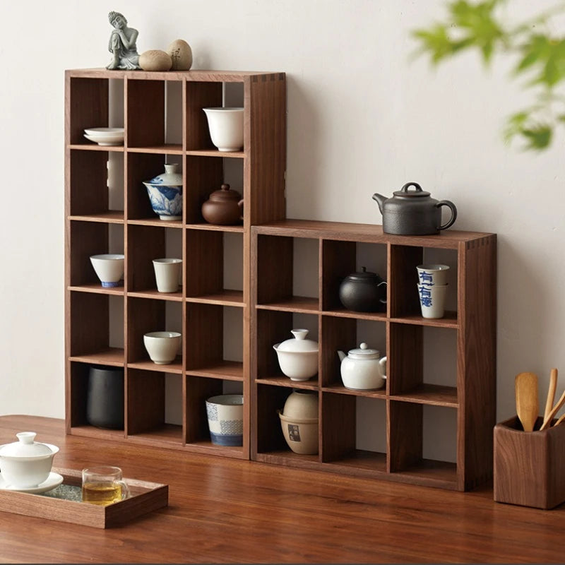 Solid Wood Storage Tea Rack Multi-grid Retro Small Purple Clay Pot Storage Holders Wall Display Rack Modern Storage Organizer