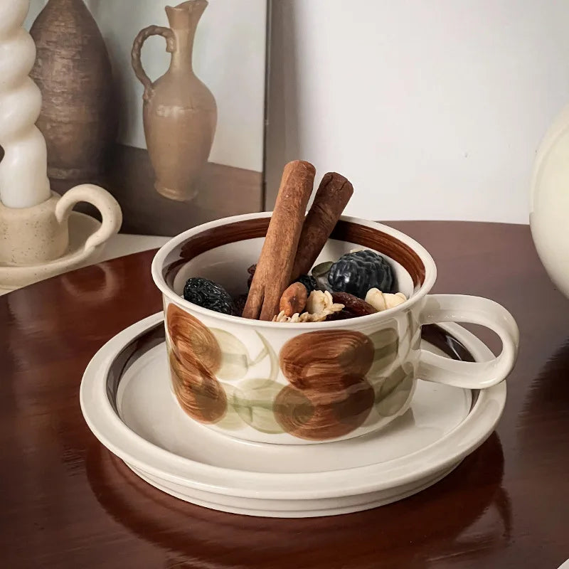 Vintage Ceramic Freehand Painting Flower Cup，European Style Coffee Cup and Saucer Set，Creative Afternoon Camellia Tea Cup