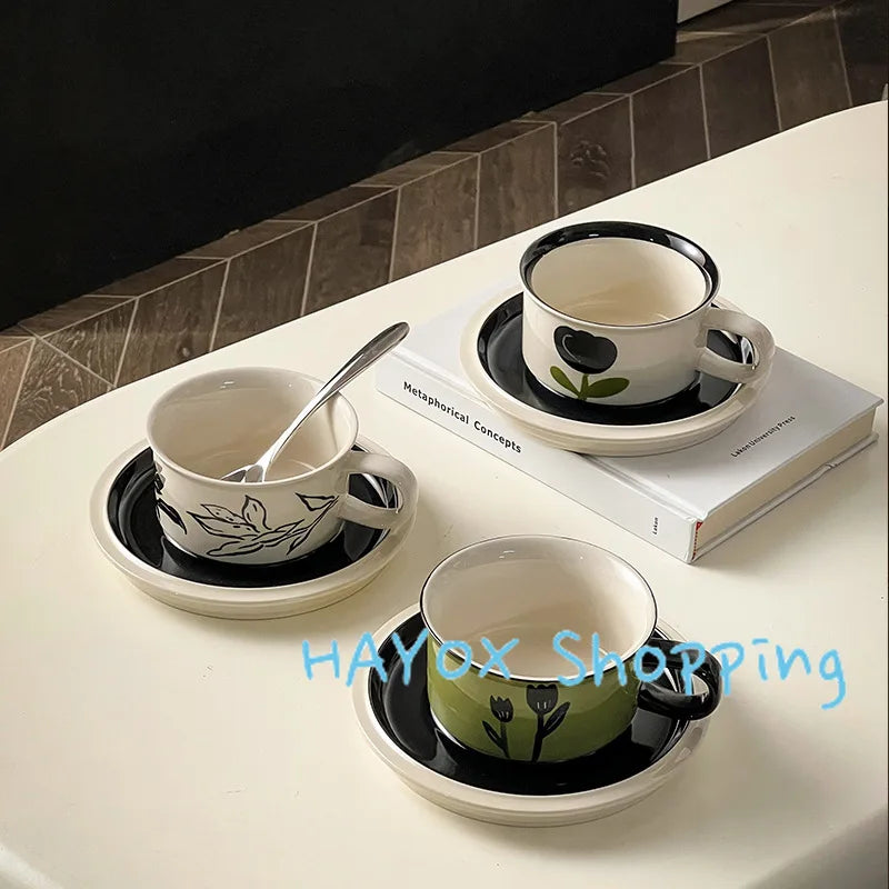 Vintage Ceramic Freehand Painting Flower Cup，European Style Coffee Cup and Saucer Set，Creative Afternoon Camellia Tea Cup