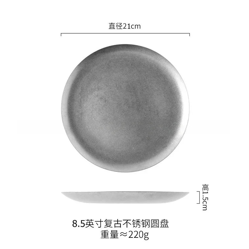 Vintage Industrial Style Metal Dinner Plate Stainless Steel Outdoor Camping Western Food Plates French Restaurant Bone Dish