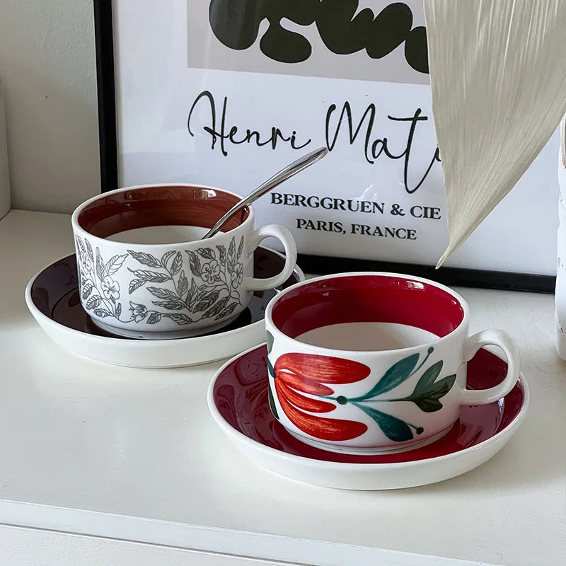 Vintage Red Coffee Cups and Saucers Afternoon Tea Coffee Latte Cup Snacks Cake Dish Ceramic Teacups Breakfast Juice Mug