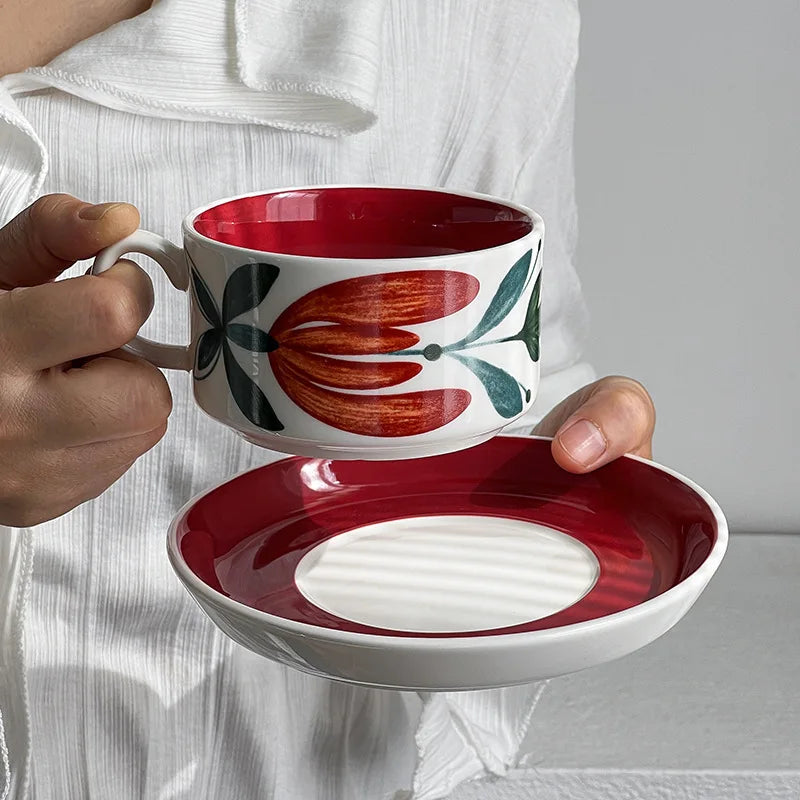 Vintage Red Coffee Cups and Saucers Afternoon Tea Coffee Latte Cup Snacks Cake Dish Ceramic Teacups Breakfast Juice Mug