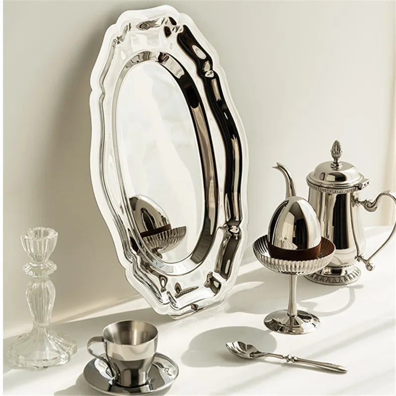 European stainless steel oval lace tray for afternoon tea, cake, fruit plate, dessert plate, household dining tray, and dining p