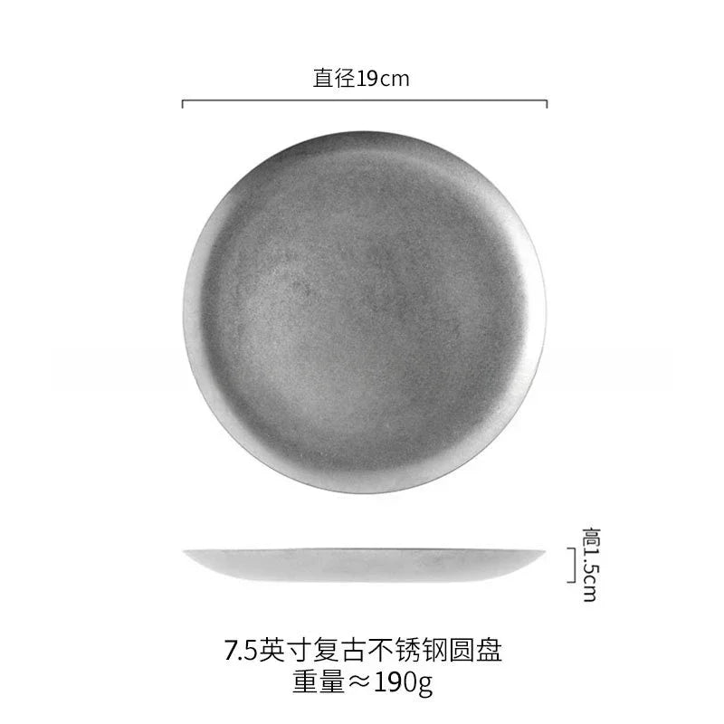 Vintage Industrial Style Metal Dinner Plate Stainless Steel Outdoor Camping Western Food Plates French Restaurant Bone Dish