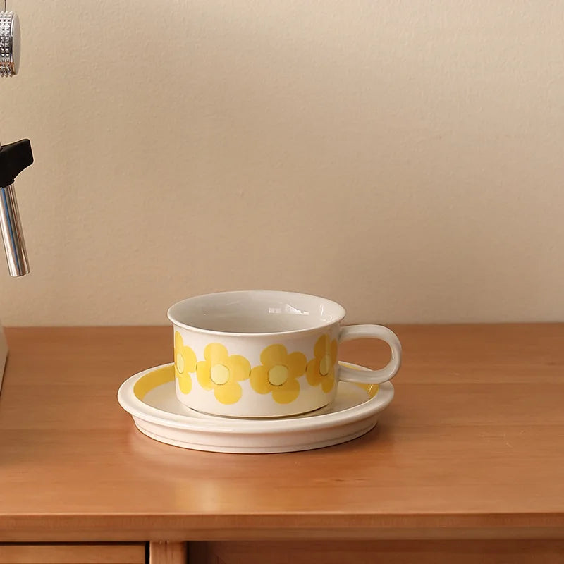 Vintage coffee cups and saucers, hand-painted floral ceramic set, coffee cup latte latte flower