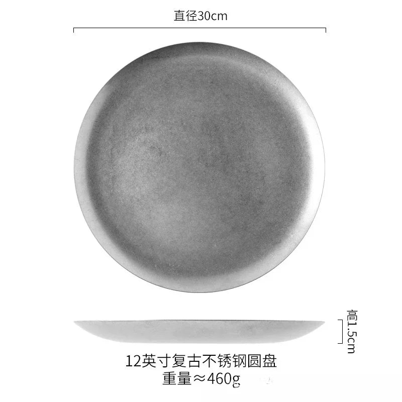 Vintage Industrial Style Metal Dinner Plate Stainless Steel Outdoor Camping Western Food Plates French Restaurant Bone Dish