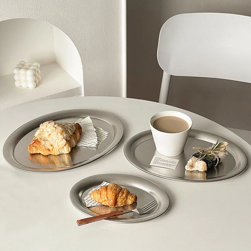 Stainless Steel Oval Plates Household Food Dinner Steamed Shallow Plate Dishes Storage Tray Dinnerware Kitchen Tableware