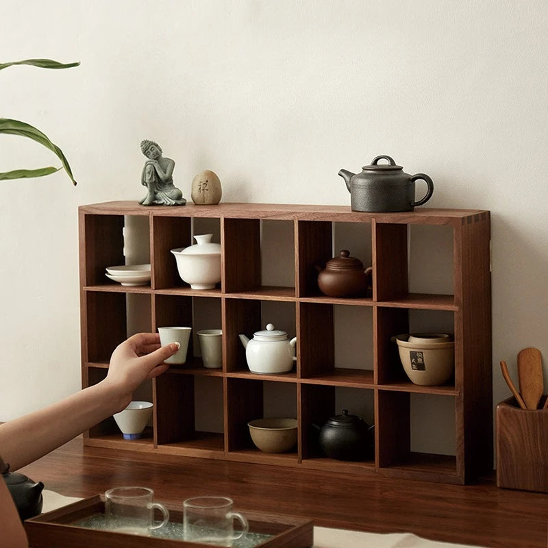 Solid Wood Storage Tea Rack Multi-grid Retro Small Purple Clay Pot Storage Holders Wall Display Rack Modern Storage Organizer