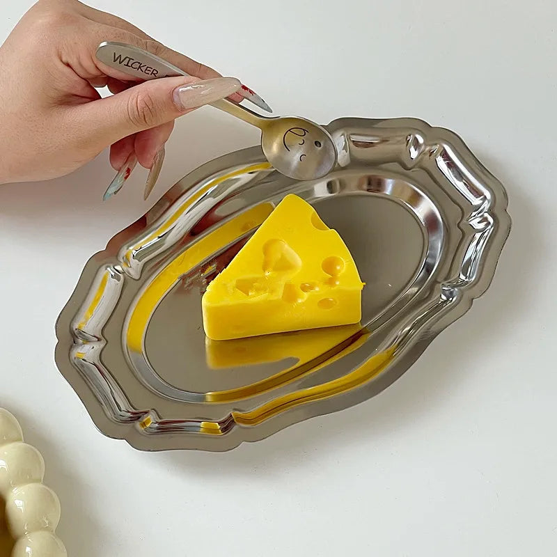 European stainless steel oval lace tray for afternoon tea, cake, fruit plate, dessert plate, household dining tray, and dining p