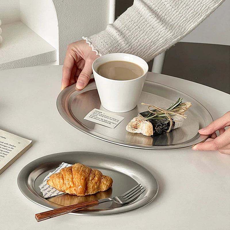 Stainless Steel Oval Plates Household Food Dinner Steamed Shallow Plate Dishes Storage Tray Dinnerware Kitchen Tableware