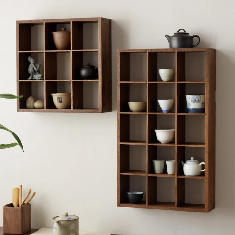 Solid Wood Storage Tea Rack Multi-grid Retro Small Purple Clay Pot Storage Holders Wall Display Rack Modern Storage Organizer