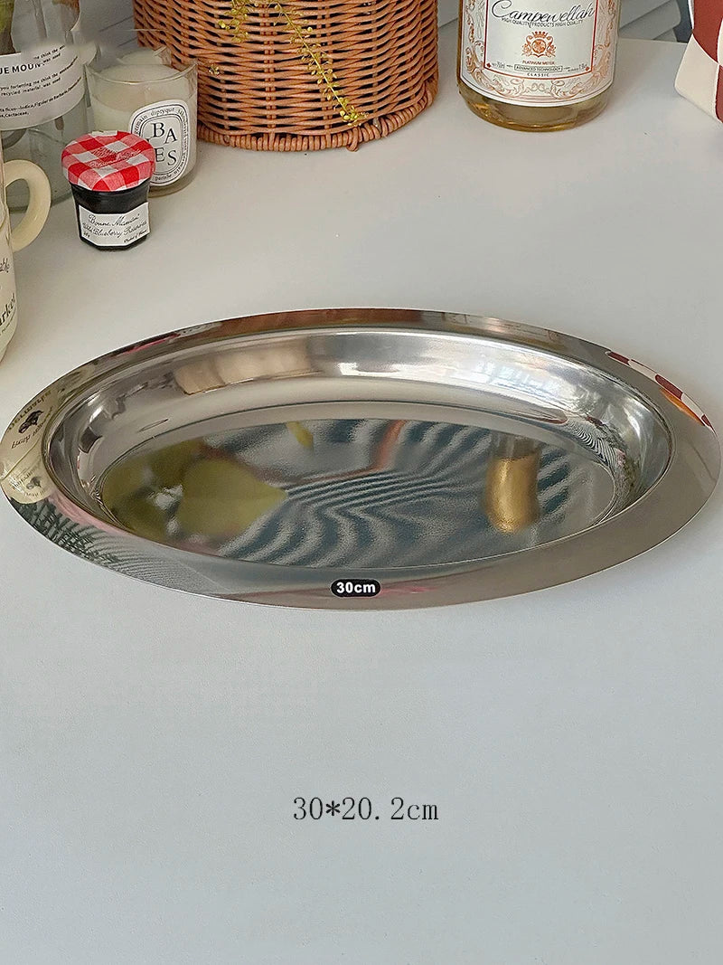 Vintage Stainless Steel Oval Plate Breakfast Bread Salad Disc Round Dipping Saucer Afternoon Tea Cake Treat Dish Storage Tray