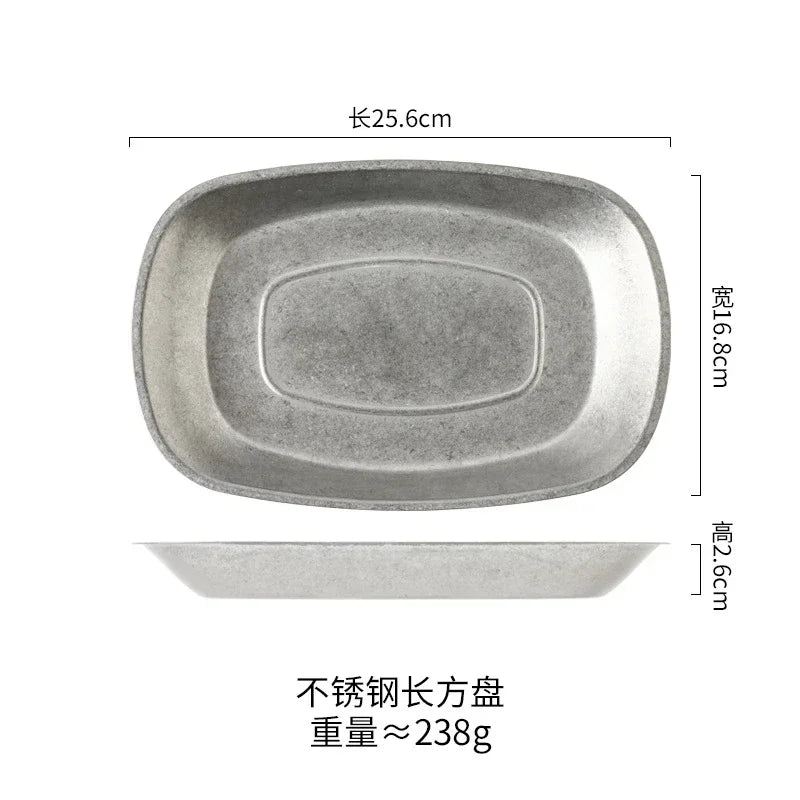 Vintage Industrial Style Metal Dinner Plate Stainless Steel Outdoor Camping Western Food Plates French Restaurant Bone Dish