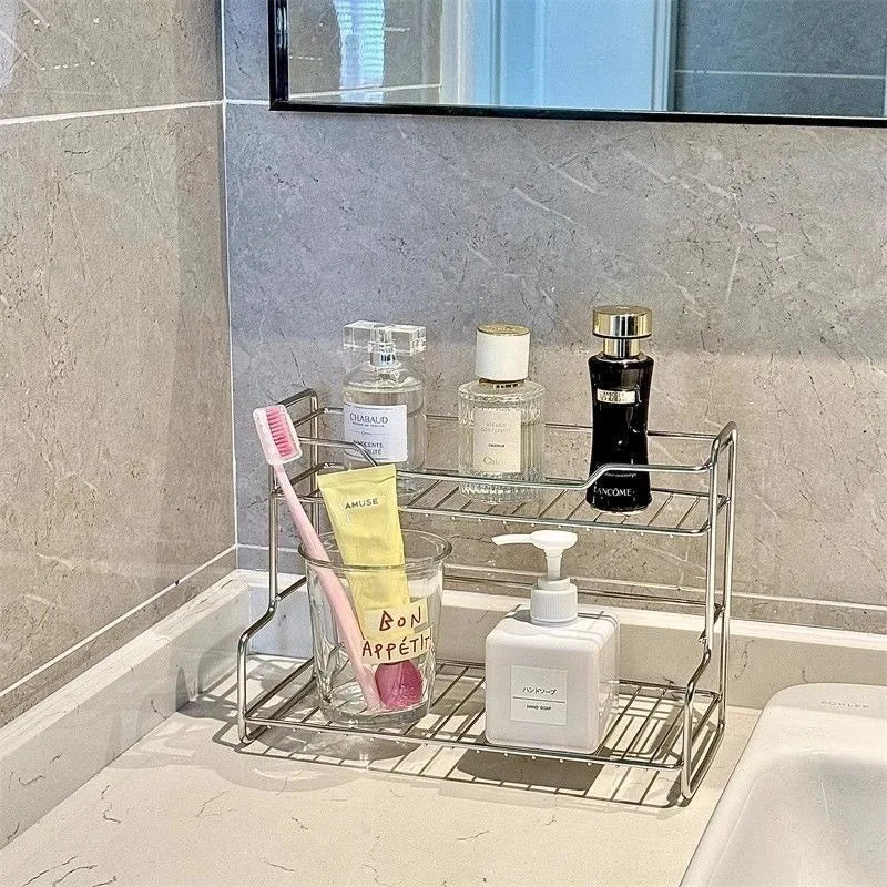 Kitchen Countertop Storage Rack Spice Shelf Versatile Stainless Steel Storage Basket for Bathroom Toiletries Cup Organizer Racks