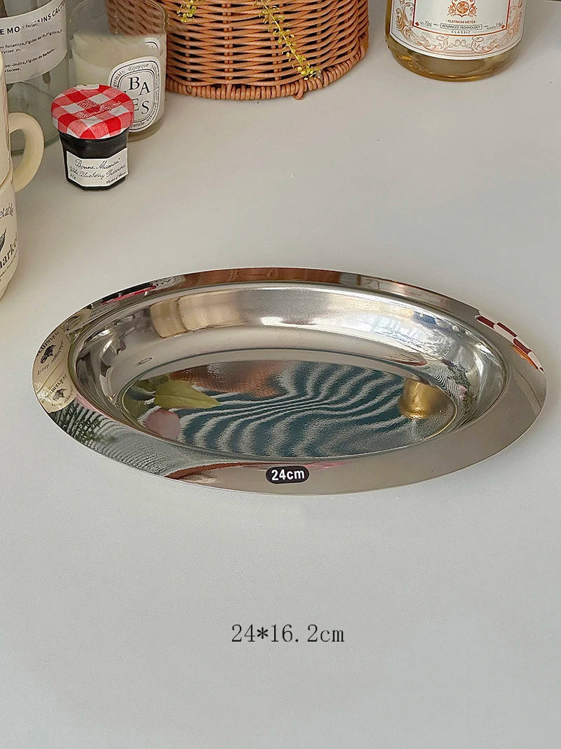 Vintage Stainless Steel Oval Plate Breakfast Bread Salad Disc Round Dipping Saucer Afternoon Tea Cake Treat Dish Storage Tray