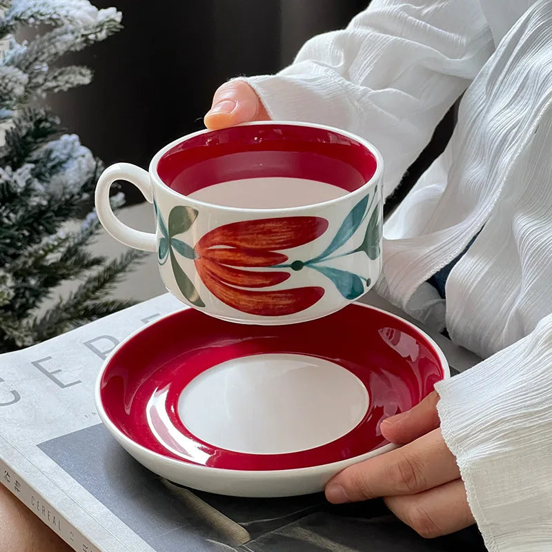 Vintage Red Coffee Cups and Saucers Afternoon Tea Coffee Latte Cup Snacks Cake Dish Ceramic Teacups Breakfast Juice Mug