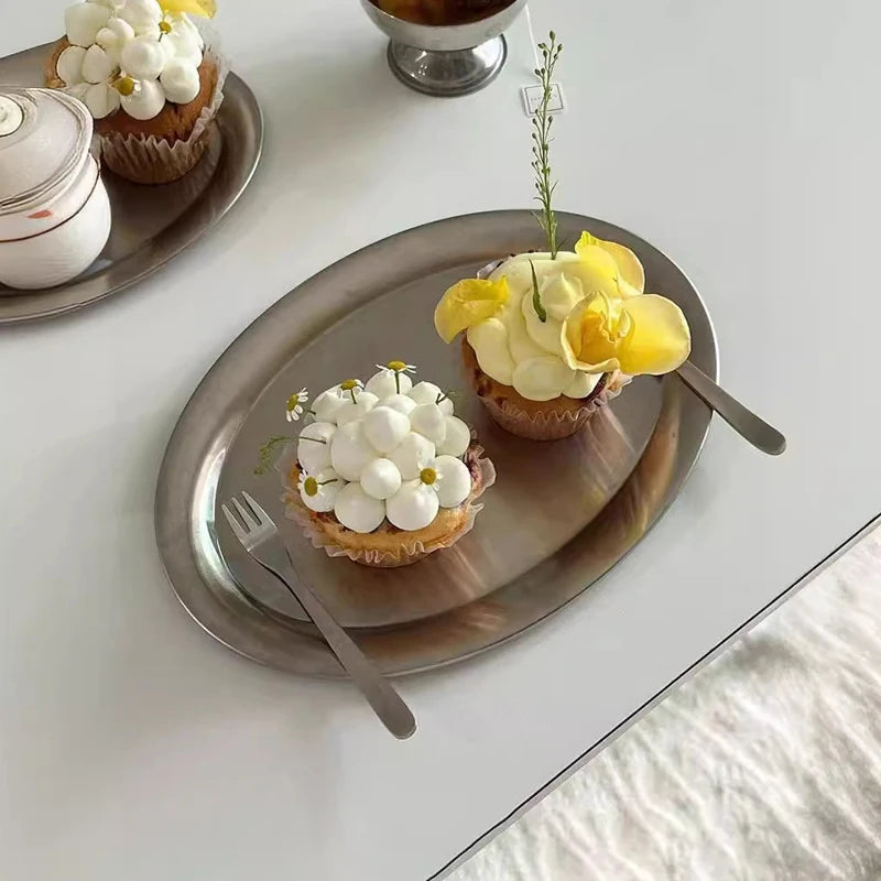 Stainless Steel Oval Plates Household Food Dinner Steamed Shallow Plate Dishes Storage Tray Dinnerware Kitchen Tableware