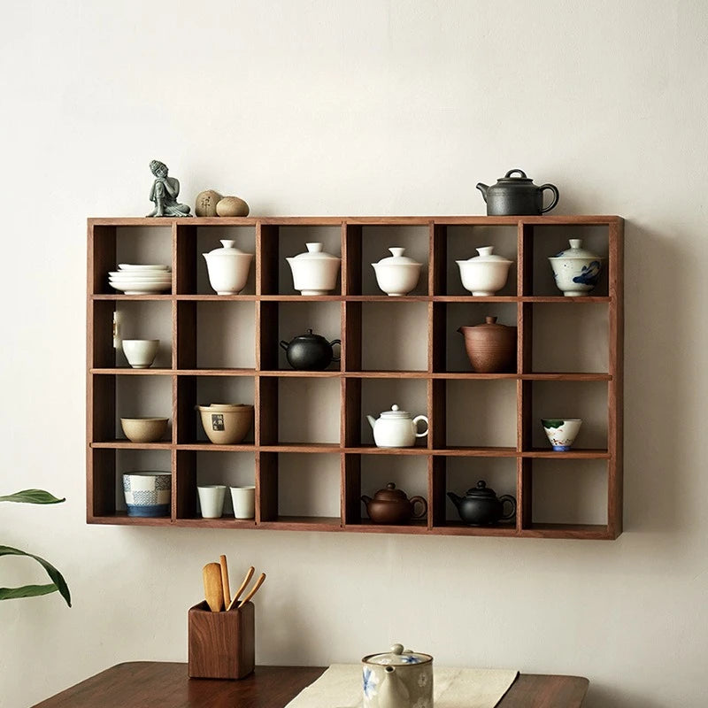 Solid Wood Storage Tea Rack Multi-grid Retro Small Purple Clay Pot Storage Holders Wall Display Rack Modern Storage Organizer
