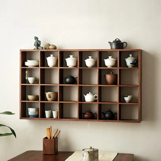 Solid Wood Storage Tea Rack Multi-grid Retro Small Purple Clay Pot Storage Holders Wall Display Rack Modern Storage Organizer