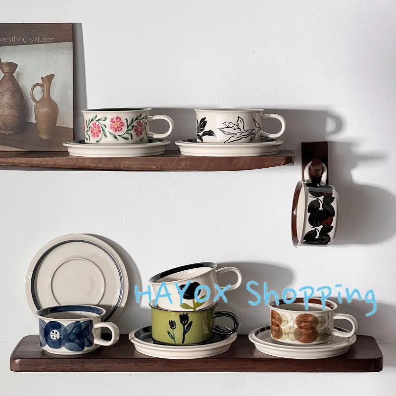 Vintage Ceramic Freehand Painting Flower Cup，European Style Coffee Cup and Saucer Set，Creative Afternoon Camellia Tea Cup