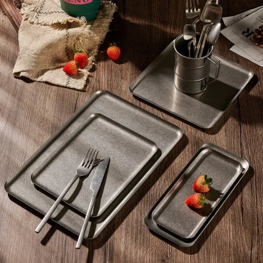 304 Stainless Steel Square Dishes Vintage Snowflake Silver Tray Round Edge Dinner Plate Dessert Grill Tray Steak Decorative Tray