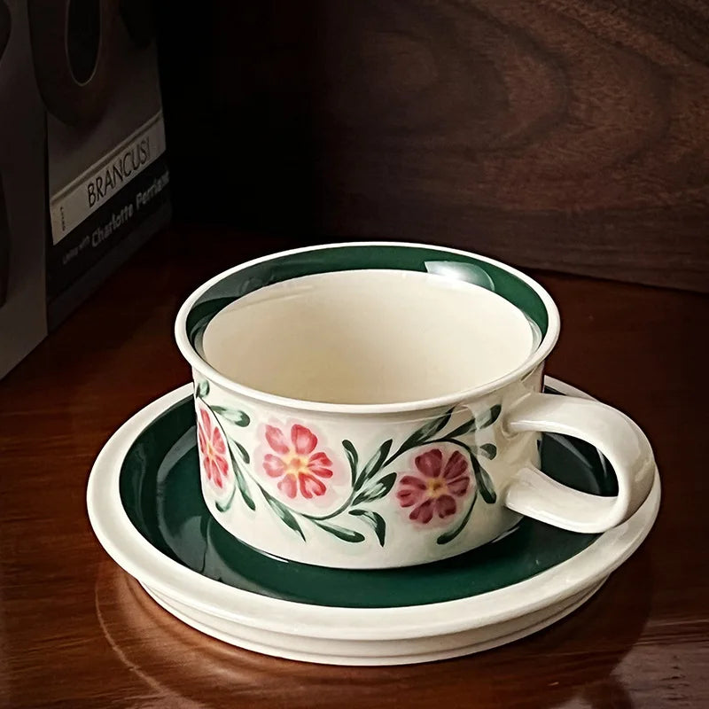 Vintage Ceramic Freehand Painting Flower Cup，European Style Coffee Cup and Saucer Set，Creative Afternoon Camellia Tea Cup