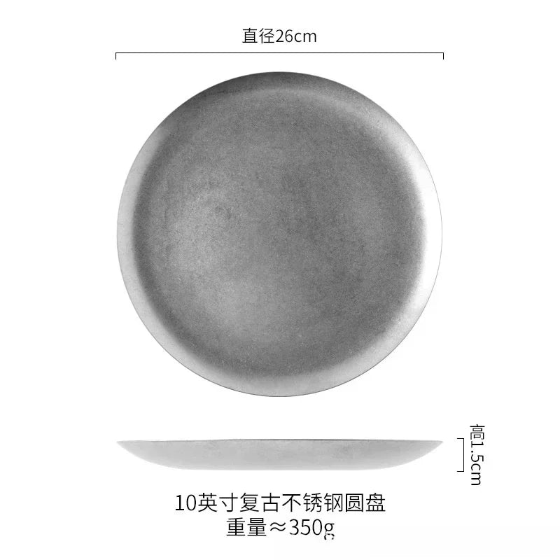 Vintage Industrial Style Metal Dinner Plate Stainless Steel Outdoor Camping Western Food Plates French Restaurant Bone Dish