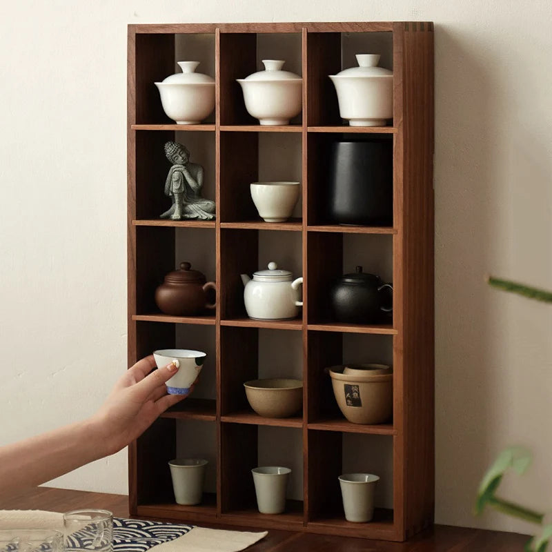 Solid Wood Storage Tea Rack Multi-grid Retro Small Purple Clay Pot Storage Holders Wall Display Rack Modern Storage Organizer