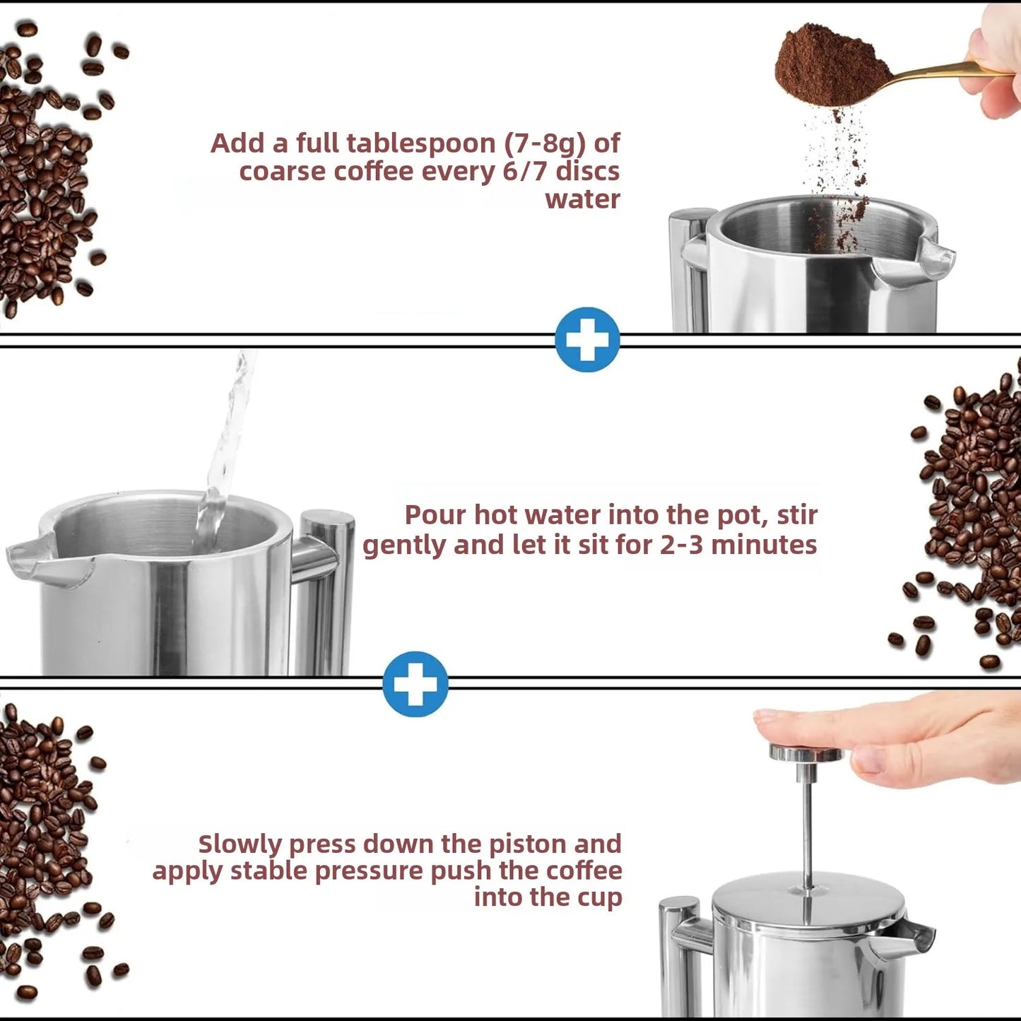 Coffee Maker Pot Double Walled Stainless Steel Hand-Made Coffee Press Filter Pot Insulated Durable French Press Coffee Make