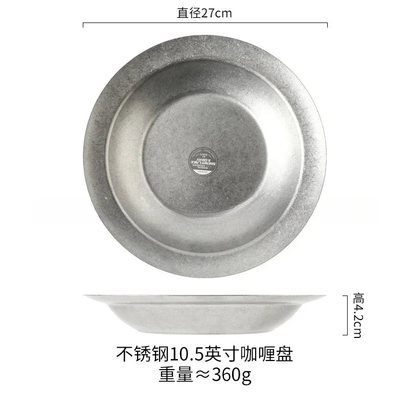 Vintage Industrial Style Metal Dinner Plate Stainless Steel Outdoor Camping Western Food Plates French Restaurant Bone Dish