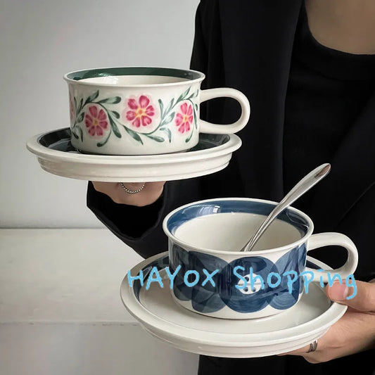 Vintage Ceramic Freehand Painting Flower Cup，European Style Coffee Cup and Saucer Set，Creative Afternoon Camellia Tea Cup