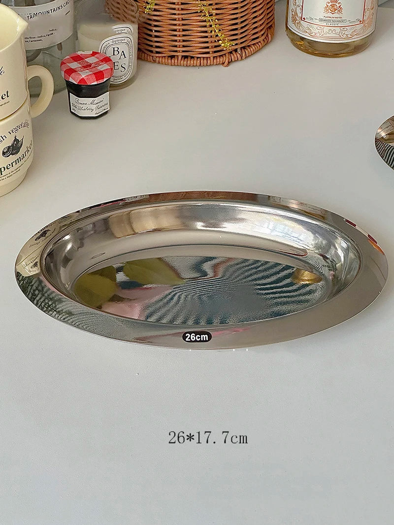 Vintage Stainless Steel Oval Plate Breakfast Bread Salad Disc Round Dipping Saucer Afternoon Tea Cake Treat Dish Storage Tray