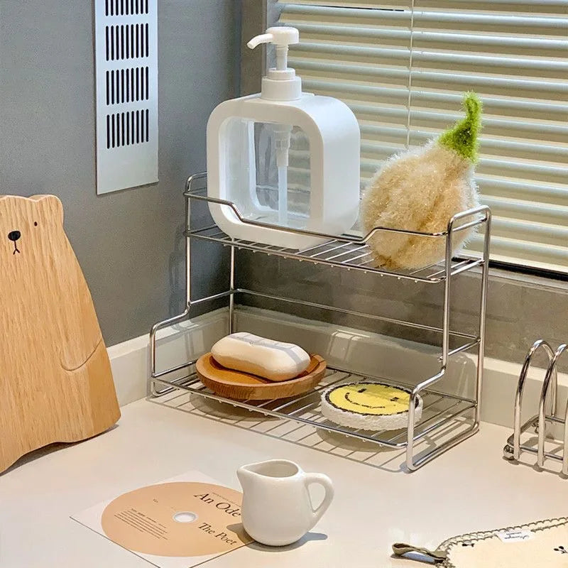 Kitchen Countertop Storage Rack Spice Shelf Versatile Stainless Steel Storage Basket for Bathroom Toiletries Cup Organizer Racks