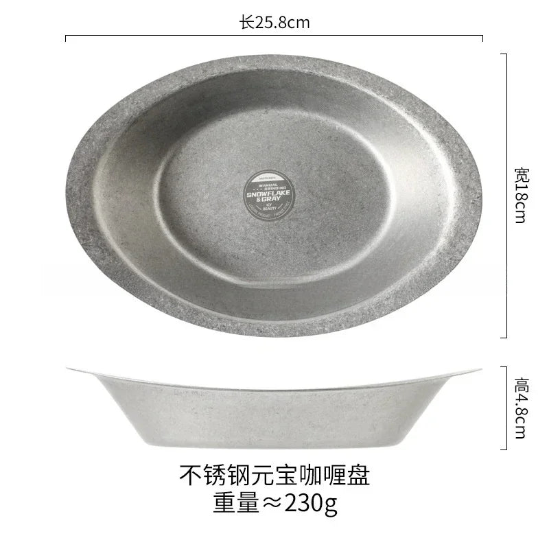 Vintage Industrial Style Metal Dinner Plate Stainless Steel Outdoor Camping Western Food Plates French Restaurant Bone Dish