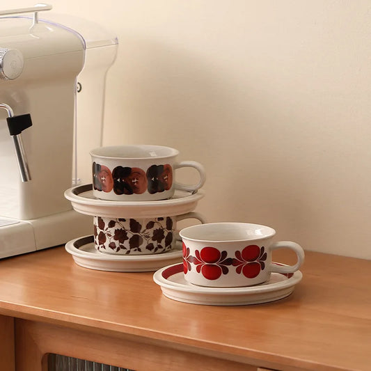 Vintage coffee cups and saucers, hand-painted floral ceramic set, coffee cup latte latte flower