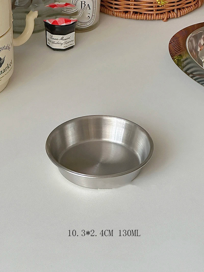 Vintage Stainless Steel Oval Plate Breakfast Bread Salad Disc Round Dipping Saucer Afternoon Tea Cake Treat Dish Storage Tray