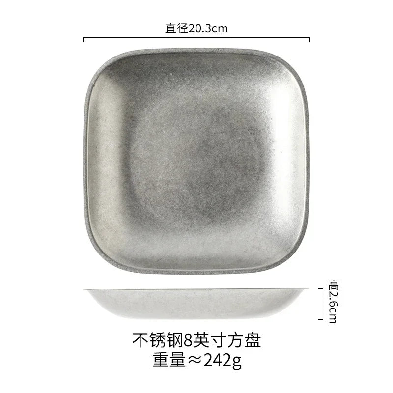 Vintage Industrial Style Metal Dinner Plate Stainless Steel Outdoor Camping Western Food Plates French Restaurant Bone Dish