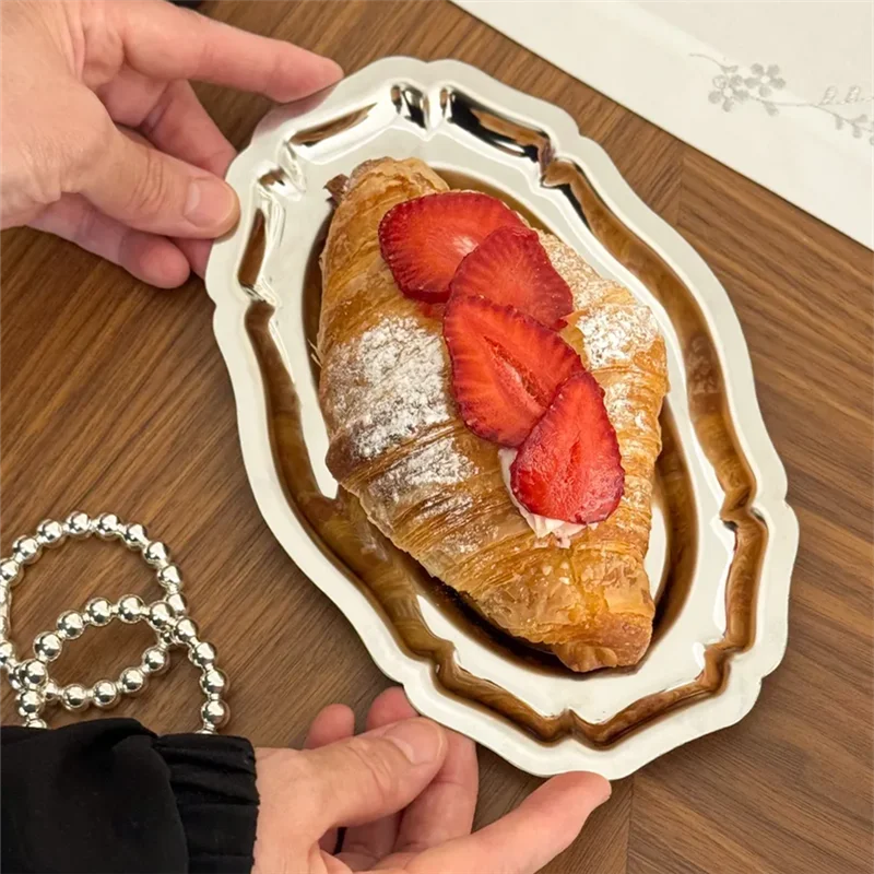 European stainless steel oval lace tray for afternoon tea, cake, fruit plate, dessert plate, household dining tray, and dining p