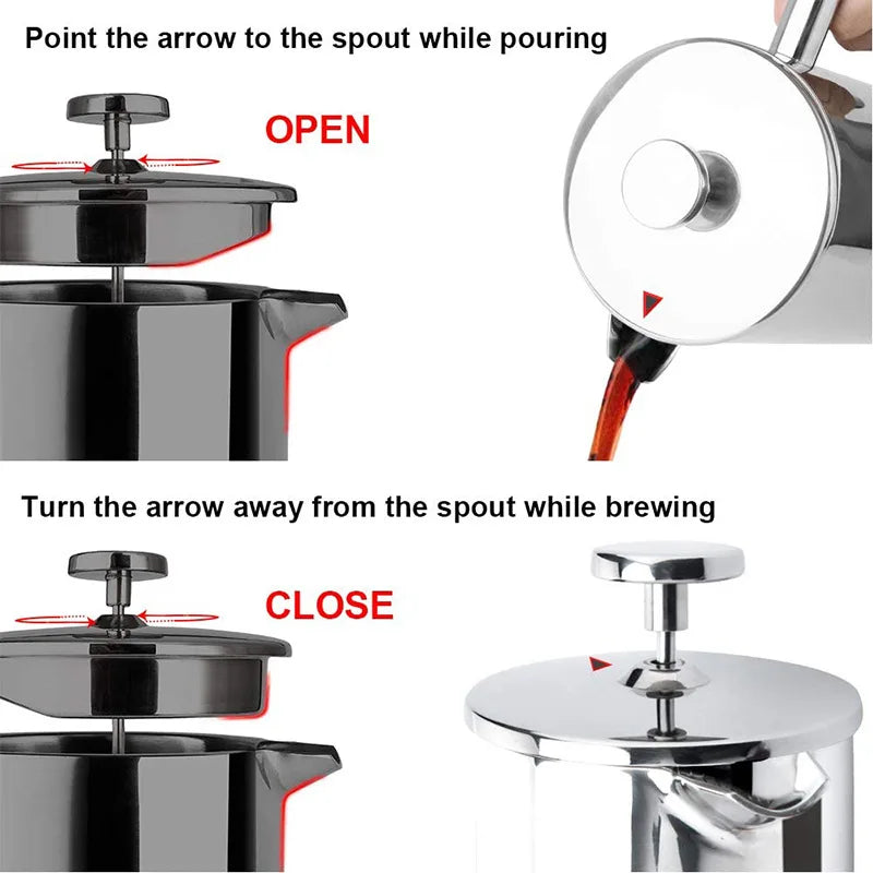 Coffee Maker Pot Double Walled Stainless Steel Hand-Made Coffee Press Filter Pot Insulated Durable French Press Coffee Make